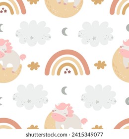 seamless pattern with cartoon unicorns, rainbow, decor elements. Magic. Colorful vector flat style for kids. Animals. hand drawing. baby design for fabric, print, wrapper