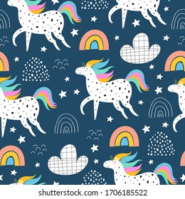 seamless pattern with cartoon unicorns, rainbows, clouds, decor elements on a neutral background. Colorful vector flat style for kids. Animals. hand drawing. baby design for fabric, print, wrapper, te