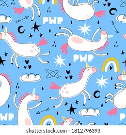 seamless pattern with cartoon unicorns, rainbows, clouds, decor elements on a neutral background. Magic. Colorful vector flat style for kids. Animals. hand drawing. baby design for fabric, print, wrap