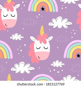 seamless pattern with cartoon unicorns, rainbows, clouds, decor elements on a neutral background. Colorful vector flat style for kids. Animals. hand drawing. baby design for fabric, print, wrapper, te