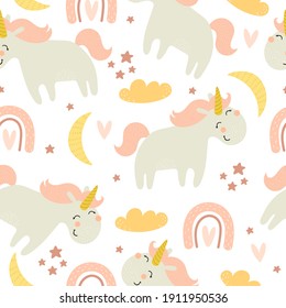 seamless pattern with cartoon unicorns, rainbows, clouds, decor elements. Magic. Colorful vector flat style for kids. Animals. hand drawing. baby design for fabric, print, wrapper