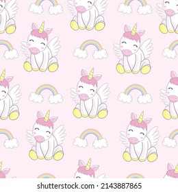 un patrón impecable con unicornios de dibujos animados, arcos de lluvia, nubes, elementos decorativos sobre un fondo neutro. Colorido estilo vectorial plano para los niños. Animales. dibujo a mano. diseño de bebé para tela, impresión, envoltura