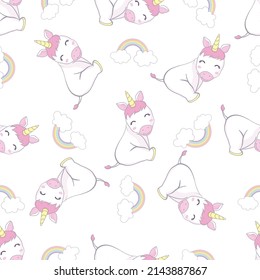 seamless pattern with cartoon unicorns, rainbows, clouds, decor elements on a neutral background. Colorful vector flat style for kids. Animals. hand drawing. baby design for fabric, print, wrapper
