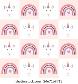 Seamless pattern with cartoon unicorns and rainbows on checkerboard background. Colorful nursery baby design for fabric, print, wallpapers. Vector illustration.