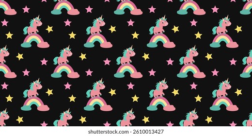 Seamless pattern with cartoon unicorns standing on rainbows, surrounded by colorful stars and clouds. Flat doodle style, dark background, vibrant and playful composition