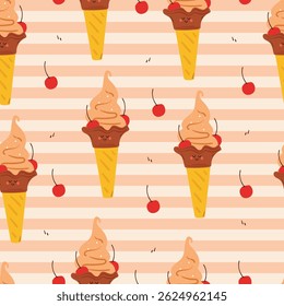 seamless pattern cartoon vanilla ice cream with cherry. cute dessert pattern for wallpaper, background and gift wrap paper