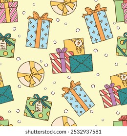 Seamless pattern cartoon of a variety of gift boxes for various parties. It is a feminine pattern. Pattern for fabric and wrapping paper, Pattern for design wallpaper and fashion prints.