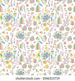 Seamless pattern with cartoon vector hand-drawn doodles flowers and birds