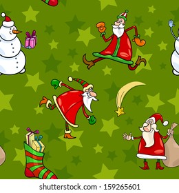 Seamless Pattern Cartoon Vector Illustration of Santa Claus and other Christmas Characters and Themes for Wrapper or Paper Pack