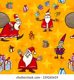 Seamless Pattern Cartoon Vector Illustration of Santa Claus and other Christmas Characters and Themes for Wrapper or Paper Pack