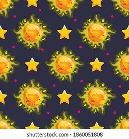 Seamless pattern with cartoon vector planet and stars. Background with Mars