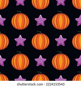 seamless pattern with cartoon vector pumpkin and star. Wallpaper for kids, textile, gift wrap paper