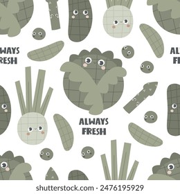 Seamless pattern with cartoon vegetables, decor elements. colorful vector. hand drawing, flat style. design for fabric, print, textile, wrapper

