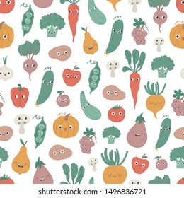 Seamless pattern with cartoon vegetables and fruits.