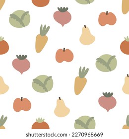 Seamless pattern with cartoon vegetables, fruits. colorful vector. hand drawing, flat style. design for fabric, print, textile, wrapper