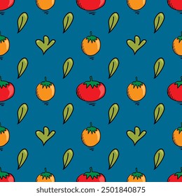 Seamless pattern with cartoon vegetables and leaves. Vegetable seamless pattern. Cartoon vegetable collection