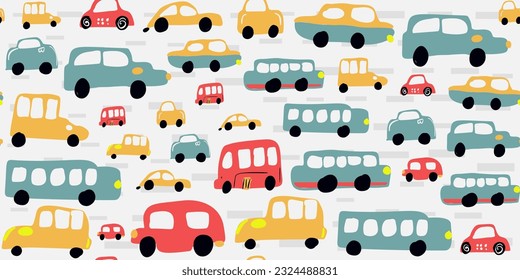 Vehículos de dibujos animados sin foco, juguetes de autos divertidos y personajes lúdicos para los niños. Perfecto para las cubiertas de libros, los papeles pintados, las duchas para bebés y las prendas de vestir.