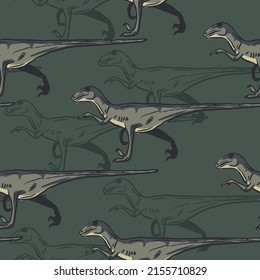 Seamless pattern with cartoon velociraptor. Background with dino for textile, fabric, kids, boy, wrapping paper, Web, clothes, socks and other design.