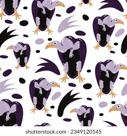 Seamless pattern with cartoon vultures on a white background. Vector illustration. A repeating pattern of a large bird in pink and purple shades. Children's texture for printing