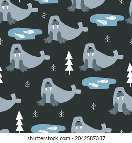 Seamless pattern with cartoon walrus, fish, tree, decor elements. Colorful vector flat for kids. hand drawing. baby design for fabric, print, wrapper, textile