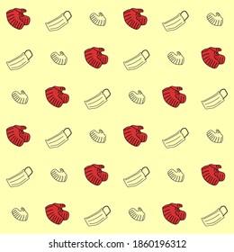 Seamless pattern with cartoon warm mitten. Hand drawn doodle icon of medicine mask, mittens. Decorative winter gloves. 