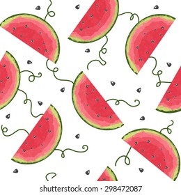 Seamless pattern with cartoon watercolor watermelon slices  on white background