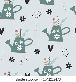 Seamless pattern with cartoon watering can, flowers, decor elements  on a neutral background. summer colorful vector for kids. hand drawing, flat style. Baby design for fabric, print, textile, wrapper