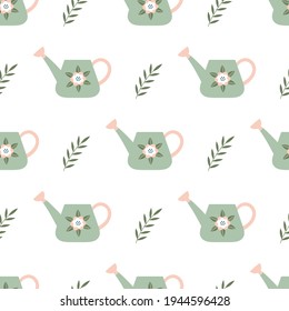 patrón transparente con lata de riego de dibujos animados, plantas, elementos decorativos sobre fondo blanco, vector colorido de verano para los niños, estilo plano