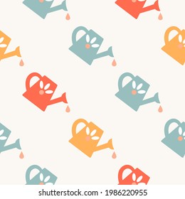 Patrón inmaculado con lata de agua de dibujos animados, flores, elementos decorativos sobre un fondo neutro. vector colorido de verano para los niños. dibujo a mano, de estilo plano. Diseño de bebé para tela, impresión, textil, envoltura