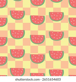 Caractere de melancia de desenho animado de padrão contínuo. Caráter de fruta bonito para crianças, têxtil, papel de embrulho de presente