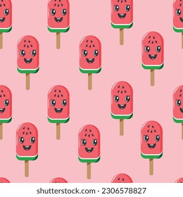  Seamless pattern with cartoon watermelon ice cream.