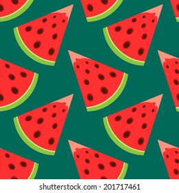Seamless pattern with cartoon watermelon slices on green background. Endless print fruits texture. Fabric design. Wallpaper - vector 