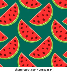 Seamless pattern with cartoon watermelon slices on green background. Endless print texture. Fabric design. Wallpaper - vector 