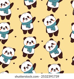 seamless pattern cartoon wearing blue scarf in winter day. cute wallpaper for fabric print, gift wrap paper