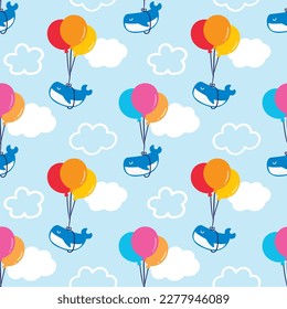 Seamless Pattern of Cartoon Whale with Balloon Design on Blue Sky Background with White Cloud