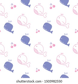 Seamless Pattern of Cartoon Whale and Cherry Design on White Background