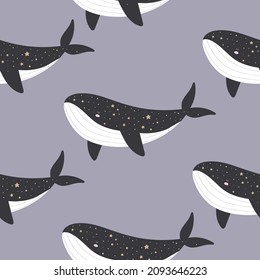Seamless pattern with cartoon whale. Colorful vector flat style. hand drawing. design for print, wrapper, fabric.