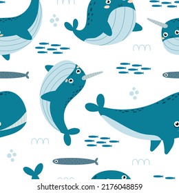 Seamless pattern with cartoon whale. Colorful vector flat style. hand drawing. design for print, wrapper, fabric.