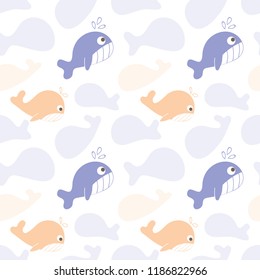 Seamless Pattern of Cartoon Whale Design on White Background