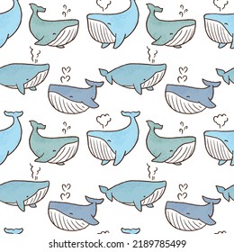 Seamless Pattern with Cartoon Whale Design on White Background