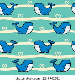 Diseño de ballena sin fisuras en fondo verde claro con líneas onduladas amarillas