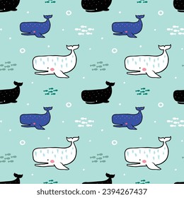Patrón sin inconvenientes con dibujo de ballena diseño de fondo verde pastel