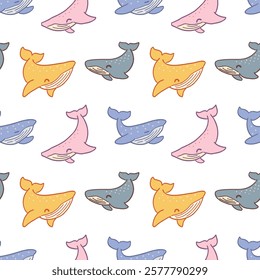 Seamless Pattern with Cartoon Whale Design on White Background. Hand Drawn Vector Illustration. Not AI Generated.