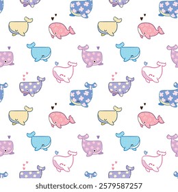 Seamless Pattern of Cartoon Whale Design on White Background. Hand Drawn Vector Illustration. Not AI Generated.