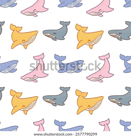 Seamless Pattern with Cartoon Whale Design on White Background. Hand Drawn Vector Illustration. Not AI Generated.