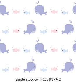 Seamless Pattern with Cartoon Whale and Fish Design on White Background