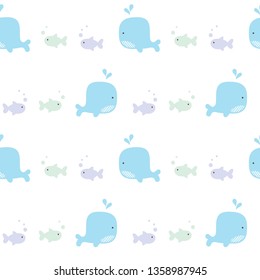 Seamless Pattern with Cartoon Whale and Fish Design on White Background