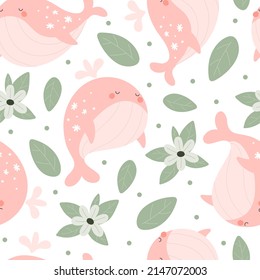 Seamless pattern with cartoon whale, flowers. Colorful vector flat style. hand drawing. design for print, wrapper, fabric.