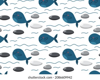Seamless pattern with Cartoon whale. Hand drawn flat style vector illustration on white background. Cute cartoon character. Marine Animal vector flat design for textile printing, wallpaper, wrapping.