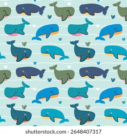 Patrón sin fisuras con diseño de dibujos animados de ballenas y corazones sobre fondo verde claro con líneas onduladas blancas. Ilustración vectorial dibujada a mano. No se genera IA.